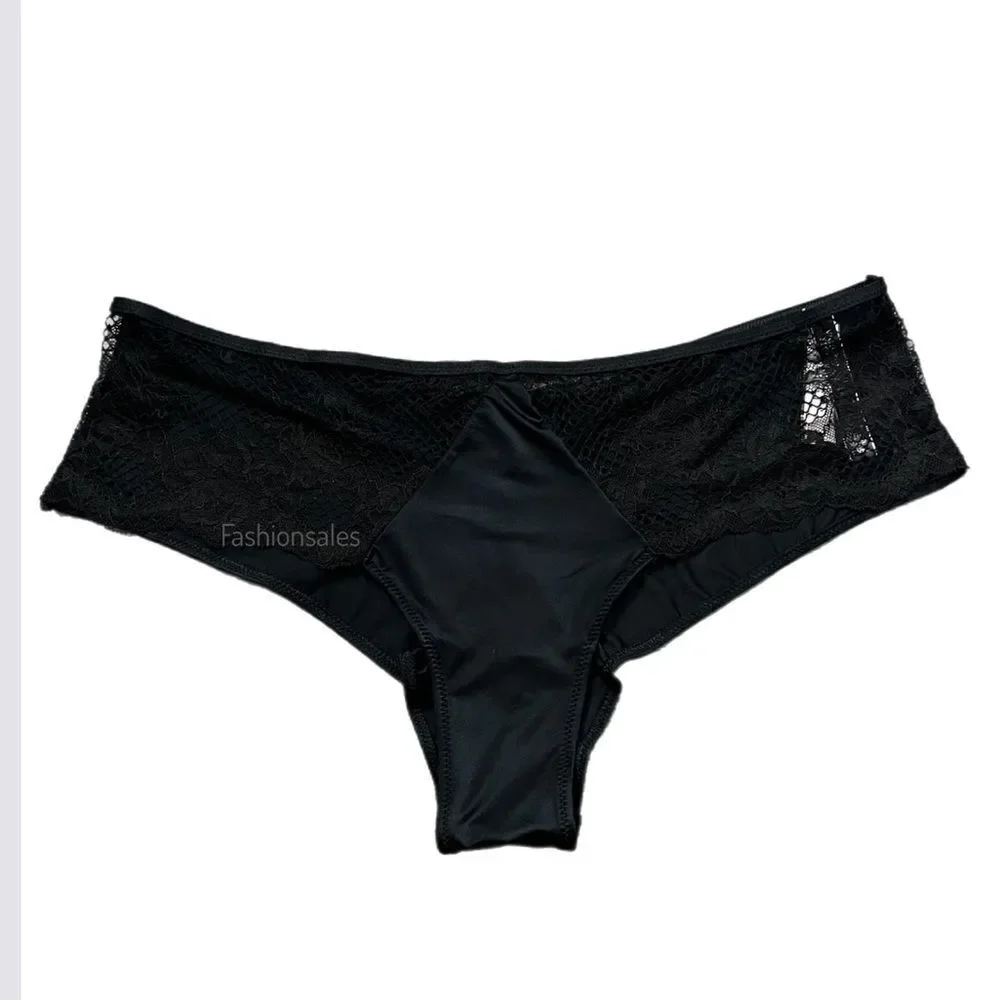 Victorias Secret Very Sexy Satiny fishnet lace Cheeky panty Black Large new